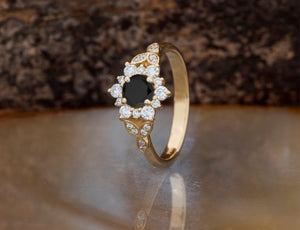 1 carat flower diamond ring-Black diamond Art deco Engagement Ring-Flower engagement ring -Promise ring-Leaf ring-anniversary ring,Art deco engagement,black diamond ring,Custom Ring,Diamond,diamond engagement,diamond leaves ring,engagement ring,Engagement Rings,flower ring,free shipping,Leaf engagement ring,Leaf ring,promise ring,Round,sevencarat,vs,vvs,yellow gold ring