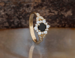1 carat flower diamond ring-Black diamond Art deco Engagement Ring-Flower engagement ring -Promise ring-Leaf ring-anniversary ring,Art deco engagement,black diamond ring,Custom Ring,Diamond,diamond engagement,diamond leaves ring,engagement ring,Engagement Rings,flower ring,free shipping,Leaf engagement ring,Leaf ring,promise ring,Round,sevencarat,vs,vvs,yellow gold ring