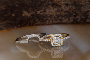 Radiant cut engagement ring set-White Gold-Promise ring-Art deco wedding set-Cluster Wedding band-Halo Cushion cut engagement ring