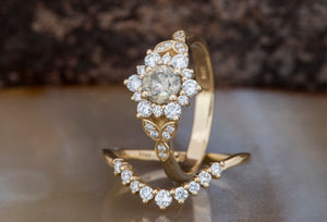Flower engagement ring set-Stacking wedding ring set-Flower ring-Flower engagement ring-Curved band set-Vintage bridal set-Enhancer ring set