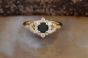 1 carat flower diamond ring-Black diamond Art deco Engagement Ring-Flower engagement ring -Promise ring-Leaf ring-anniversary ring,Art deco engagement,black diamond ring,Custom Ring,Diamond,diamond engagement,diamond leaves ring,engagement ring,Engagement Rings,flower ring,free shipping,Leaf engagement ring,Leaf ring,promise ring,Round,sevencarat,vs,vvs,yellow gold ring