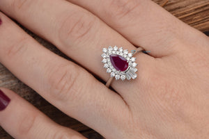 Pear Cut Ruby Ring white gold -Ruby engagement ring rose gold-Halo Gatsby ruby diamond ring-estate engagement ring-Anniversary ring,art deco ring,Baguette ring,Diamond engagement,engagement ring,Engagement Rings,estate band,Gatsby ring,gold diamond ring,platinum ring,Promise ring,sevencarat,solitaire ring,vintage ruby ring,vs,vvs,Wedding sets