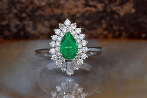 Natural emerald ring-Emerald ring-Pear Cut Emerald-Gatsby Ring-Vintage emerald ring-Platinum engagement ring-Vintage ring-Solid gold ring-Anniversary ring,art deco ring,Baguette diamond,Baguette ring,Double halo ring,emerald ring,engagement ring,Estate diamond ring,Gatsby ring,natural emerald ring,Pear,pear diamond ring,platinum ring,Promise ring,Solid gold ring,Vintage emerald ring,vs,vvs