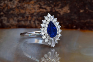 Gatsby Sapphire  engagement ring vintage-14K white Gold-Pear shaped diamond engagement ring-Art deco ring-Anniversary ring,art deco ring,Baguette diamond,Baguette ring,Diamond engagement,engagement ring,Engagement Rings,Estate ring,Gatsby ring,Pear shaped sapphire,Platinum ring,Promise ring,ring vintage,sapphire ring,sevencarat,vs,vvs