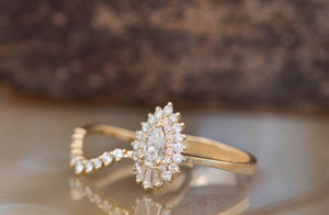 1 carat diamond sunburst engagement ring with wedding band-art deco ring,Baguette band,Baguette ring,Baguette wedding set,Bridal wedding ring,Bridal Wedding Set,Curved Gold Band,Diamond engagement,double halo ring,engagement ring,halo engagement set,pear cut diamond,Pear cut wedding set