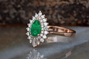 Natural emerald ring-Solid gold ring-Rose gold-Promise ring-Pear shaped emerald-Art deco ring-Edwardian emerald ring-Emerald ring antique