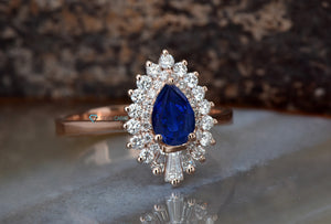Baguette diamond ring-Sapphire vintage ring-Promise ring-Sapphire and diamond ring-Gatsby Ring-Sapphire ring-Baguette engagement ring