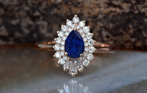 Vintage Art Deco Style Ring-Baguette Ring-Promise ring-sapphire halo engagement ring-Gatsby Diamond Engagement Ring-Baguette engagement ring-art deco ring,baguette engagement,Baguette Ring,Blue Sapphire ring,Double Diamond Halo,engagement ring,Gatsby Diamond Ring,Gemstone,Pear cut sapphire,Pear shaped sapphire,Promise ring,Ring,sapphire halo ring,Vintage  ring,vintage style ring,vs,vvs