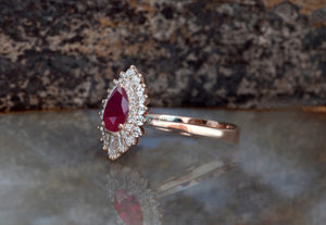 Ruby vintage ring-Double halo engagement-Ruby engagement ring 14k 18k rose gold-Ruby ring-Baguette ring-Ruby promise ring-Anniversary ring-14k 18k rose gold,anniversary ring,baguette ring,Custom Rings,Double halo ring,engagement ring,estate ring,gatsby ring,Pear,pear shaped ruby,Promise ring,Ruby promise ring,Ruby vintage ring,Twig ring,vs,vvs