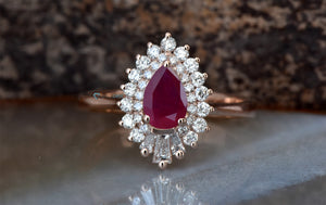 Pear Cut Ruby Engagement Ring-Ruby engagement ring rose gold-Halo Gatsby ruby diamond ring-art deco ring,Custom Rings,Diamond vintage ring,engagement ring,Engagement Rings,estate ring,gold diamond ring,pear shaped ruby,Promise ring,Rose gold engagement,Rose gold ring,sevencarat,unique engagement,vs,vvs,wedding ring