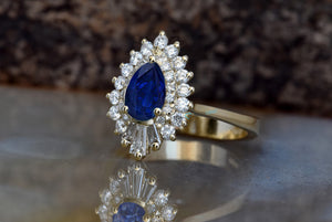 Sapphire engagement ring vintage-14K Yellow Gold-Pear shaped diamond engagement ring-Promise ring-Baguette diamond ring-Anniversary ring,art deco ring,Baguette diamond,Baguette ring,Diamond engagement,engagement ring,Engagement Rings,gold diamond ring,Pear shaped sapphire,Promise ring,ring vintage,sapphire ring,sevencarat,solitaire ring,vs,vvs,Wedding sets