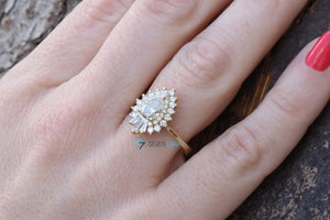1 1/2 ct vintage diamond ring-Promise ring-Pear shaped engagement ring-Baguette diamond ring-Art deco ring-Solid gold ring-Princess ring