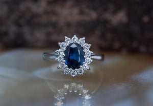 Diamond ring with Sapphire-1 ct Blue Sapphire Engagement Ring-Vintage engagement ring -Diana Ring-Sapphire halo engagement ring-Promise ring-14k white gold,Anniversary ring,blue sapphire ring,Cluster engagement,diamond ring,Gemstone,gold diamond ring,handmade jewelry,Oval diamond ring,oval engagement ring,promise ring,Ring,sapphire halo ring,sapphire ring,Vintage  ring,vs,vvs