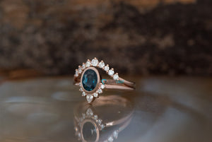 Sapphire wedding ring set-Oval sapphire engagement ring-Blue green sapphire ring-Gatsby Rose gold ring-Promise ring-Oval sapphire halo ring