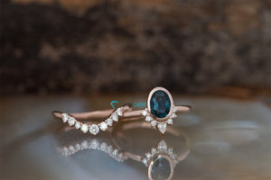 Sapphire wedding ring set-Oval sapphire engagement ring-Blue green sapphire ring-Gatsby Rose gold ring-Promise ring-Oval sapphire halo ring