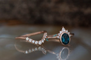 Sapphire wedding ring set-Oval sapphire engagement ring-Blue green sapphire ring-Gatsby Rose gold ring-Promise ring-Oval sapphire halo ring