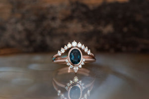 Sapphire wedding ring set-Oval sapphire engagement ring-Blue green sapphire ring-Gatsby Rose gold ring-Promise ring-Oval sapphire halo ring