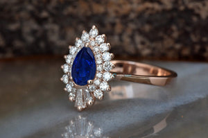 Vintage Art Deco Style Ring-Baguette Ring-Promise ring-sapphire halo engagement ring-Gatsby Diamond Engagement Ring-Baguette engagement ring-art deco ring,baguette engagement,Baguette Ring,Blue Sapphire ring,Double Diamond Halo,engagement ring,Gatsby Diamond Ring,Gemstone,Pear cut sapphire,Pear shaped sapphire,Promise ring,Ring,sapphire halo ring,Vintage  ring,vintage style ring,vs,vvs