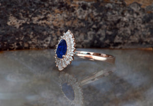 Vintage Art Deco Style Ring-Baguette Ring-Promise ring-sapphire halo engagement ring-Gatsby Diamond Engagement Ring-Baguette engagement ring-art deco ring,baguette engagement,Baguette Ring,Blue Sapphire ring,Double Diamond Halo,engagement ring,Gatsby Diamond Ring,Gemstone,Pear cut sapphire,Pear shaped sapphire,Promise ring,Ring,sapphire halo ring,Vintage  ring,vintage style ring,vs,vvs