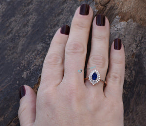 Vintage Art Deco Style Ring-Baguette Ring-Promise ring-sapphire halo engagement ring-Gatsby Diamond Engagement Ring-Baguette engagement ring-art deco ring,baguette engagement,Baguette Ring,Blue Sapphire ring,Double Diamond Halo,engagement ring,Gatsby Diamond Ring,Gemstone,Pear cut sapphire,Pear shaped sapphire,Promise ring,Ring,sapphire halo ring,Vintage  ring,vintage style ring,vs,vvs