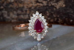 Pear Cut Ruby Engagement Ring-Ruby engagement ring rose gold-Halo Gatsby ruby diamond ring-art deco ring,Custom Rings,Diamond vintage ring,engagement ring,Engagement Rings,estate ring,gold diamond ring,pear shaped ruby,Promise ring,Rose gold engagement,Rose gold ring,sevencarat,unique engagement,vs,vvs,wedding ring
