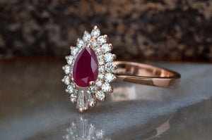 Pear Cut Ruby Engagement Ring-Ruby engagement ring rose gold-Halo Gatsby ruby diamond ring-art deco ring,Custom Rings,Diamond vintage ring,engagement ring,Engagement Rings,estate ring,gold diamond ring,pear shaped ruby,Promise ring,Rose gold engagement,Rose gold ring,sevencarat,unique engagement,vs,vvs,wedding ring