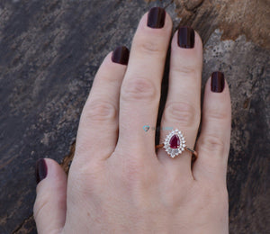 Ruby vintage ring-Double halo engagement-Ruby engagement ring 14k 18k rose gold-Ruby ring-Baguette ring-Ruby promise ring-Anniversary ring-14k 18k rose gold,anniversary ring,baguette ring,Custom Rings,Double halo ring,engagement ring,estate ring,gatsby ring,Pear,pear shaped ruby,Promise ring,Ruby promise ring,Ruby vintage ring,Twig ring,vs,vvs
