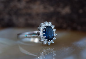 Diamond ring with Sapphire-1 ct Blue Sapphire Engagement Ring-Vintage engagement ring -Diana Ring-Sapphire halo engagement ring-Promise ring-14k white gold,Anniversary ring,blue sapphire ring,Cluster engagement,diamond ring,Gemstone,gold diamond ring,handmade jewelry,Oval diamond ring,oval engagement ring,promise ring,Ring,sapphire halo ring,sapphire ring,Vintage  ring,vs,vvs