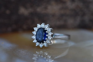 Diamond ring with Sapphire-1 ct Blue Sapphire Engagement Ring-Vintage engagement ring -Diana Ring-Sapphire halo engagement ring-Promise ring-14k white gold,Anniversary ring,blue sapphire ring,Cluster engagement,diamond ring,Gemstone,gold diamond ring,handmade jewelry,Oval diamond ring,oval engagement ring,promise ring,Ring,sapphire halo ring,sapphire ring,Vintage  ring,vs,vvs