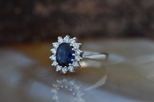 Diamond ring with Sapphire-1 ct Blue Sapphire Engagement Ring-Vintage engagement ring -Diana Ring-Sapphire halo engagement ring-Promise ring-14k white gold,Anniversary ring,blue sapphire ring,Cluster engagement,diamond ring,Gemstone,gold diamond ring,handmade jewelry,Oval diamond ring,oval engagement ring,promise ring,Ring,sapphire halo ring,sapphire ring,Vintage  ring,vs,vvs