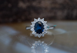 Diamond ring with Sapphire-1 ct Blue Sapphire Engagement Ring-Vintage engagement ring -Diana Ring-Sapphire halo engagement ring-Promise ring-14k white gold,Anniversary ring,blue sapphire ring,Cluster engagement,diamond ring,Gemstone,gold diamond ring,handmade jewelry,Oval diamond ring,oval engagement ring,promise ring,Ring,sapphire halo ring,sapphire ring,Vintage  ring,vs,vvs