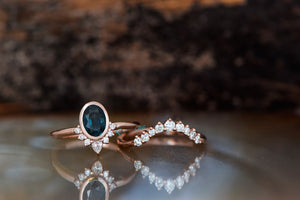 Sapphire wedding ring set-Oval sapphire engagement ring-Blue green sapphire ring-Gatsby Rose gold ring-Promise ring-Oval sapphire halo ring