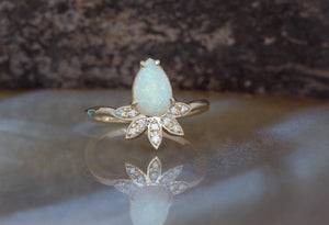 Genuine opal ring-Pear opal engagement ring-Gatsby ring-Opal ring vintage-Promise ring-Vintage Art Deco Style Ring-White fire opal ring-Anniversary ring,art deco ring,Diamond engagement,engagement ring,Gemstone,Genuine opal ring,gold diamond ring,opal jewelry,opal promise ring,opal ring,opal ring vintage,Pear,Ring,unique engagement,vs,vvs,wedding ring,white fire opal