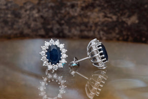 Sapphire stud earrings-Sapphire halo earring-Blue Sapphire Earrings-Diamond Earrings with Sapphire-genuine sapphire earrings-oval sapphire