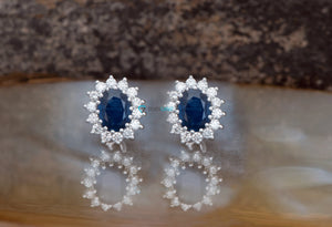 Sapphire stud earrings-Sapphire halo earring-Blue Sapphire Earrings-Diamond Earrings with Sapphire-genuine sapphire earrings-oval sapphire