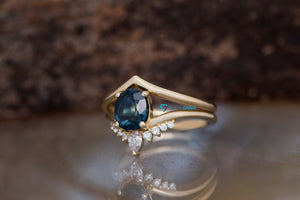 Oval sapphire ring-18k 14k sapphire ring-Gatsby engagement ring-Blue Green Sapphire wedding ring set-Sapphire Halo Engagement Ring