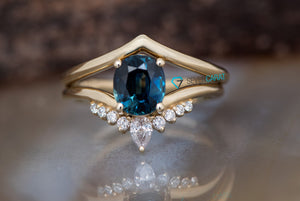 Blue green sapphire ring-Solid gold ring-Blue Green Sapphire wedding ring set-Sapphire Halo Ring-Oval sapphire ring-Womens sapphire ring
