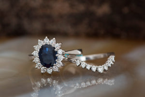 Engagement ring set-Sapphire wedding set-Oval engagement ring set-Branch Bridal Set-Sapphire Wedding Ring Set-Vintage wedding ring set