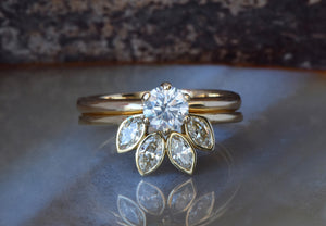 Bridal set rings yellow gold-Gatsby Diamond wedding ring set-Promise ring-6 prong solitaire ring-Flower engagement ring set-Curved band set