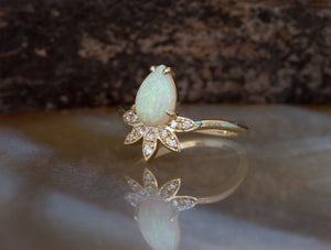 Genuine opal ring-Pear opal engagement ring-Gatsby ring-Opal ring vintage-Promise ring-Vintage Art Deco Style Ring-White fire opal ring-Anniversary ring,art deco ring,Diamond engagement,engagement ring,Gemstone,Genuine opal ring,gold diamond ring,opal jewelry,opal promise ring,opal ring,opal ring vintage,Pear,Ring,unique engagement,vs,vvs,wedding ring,white fire opal