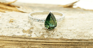 Green Sapphire Diamond Engagement Ring -White Gold Ring-Sapphire  Engagement Ring -Pear shaped sapphire-Promised ring-14k white gold,anniversary gift,art deco engagement,Art Deco Ring,diamond ring,engagement ring,Engagement Rings,Green sapphire ring,Green stone,pear sapphire ring,Promise Ring,sapphire engagement,sapphire wedding,sevencarat,unique sapphire ring,vs,vvs