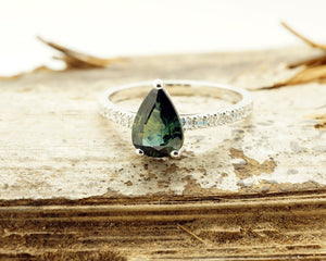 Green Sapphire Diamond Engagement Ring -White Gold Ring-Sapphire  Engagement Ring -Pear shaped sapphire-Promised ring-14k white gold,anniversary gift,art deco engagement,Art Deco Ring,diamond ring,engagement ring,Engagement Rings,Green sapphire ring,Green stone,pear sapphire ring,Promise Ring,sapphire engagement,sapphire wedding,sevencarat,unique sapphire ring,vs,vvs