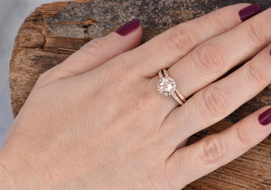 Halo morganite wedding ring set-Diamond engagement ring vintage-Morganite engagement ring rose gold-Halo wedding set-Diamond Matching Band