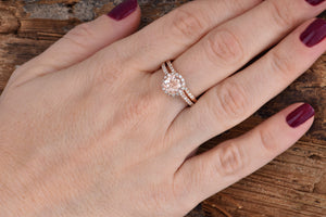 Halo morganite wedding ring set-Diamond engagement ring vintage-Morganite engagement ring rose gold-Halo wedding set-Diamond Matching Band