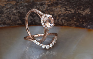 Halo morganite wedding ring set-Vintage wedding ring set-Morganite engagement ring rose gold-Halo wedding set-Curve wedding band