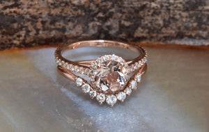 Halo morganite wedding ring set-Vintage wedding ring set-Morganite engagement ring rose gold-Halo wedding set-Curve wedding band