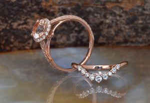 Halo morganite wedding ring set-Vintage wedding ring set-Morganite engagement ring rose gold-Halo wedding set-Curve wedding band