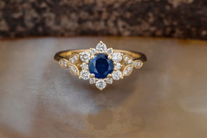 Sapphire halo engagement ring-Art deco Ring-Branch ring-Sapphire Flower engagement ring-Promise ring-Lotus Ring-Sapphire ring--anniversary ring,art deco ring,Blue sapphire ring,Branch ring,Custom Ring,Diamond,engagement ring,flower ring,Gatsby ring,Gemstone,Lotus Ring,promise ring,Ring,Round,Sapphire halo ring,sapphire ring,solid gold ring,vs,vvs
