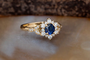 Sapphire halo engagement ring-Art deco Ring-Branch ring-Sapphire Flower engagement ring-Promise ring-Lotus Ring-Sapphire ring--anniversary ring,art deco ring,Blue sapphire ring,Branch ring,Custom Ring,Diamond,engagement ring,flower ring,Gatsby ring,Gemstone,Lotus Ring,promise ring,Ring,Round,Sapphire halo ring,sapphire ring,solid gold ring,vs,vvs