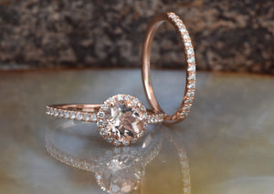 Halo morganite wedding ring set-Diamond engagement ring vintage-Morganite engagement ring rose gold-Halo wedding set-Diamond Matching Band